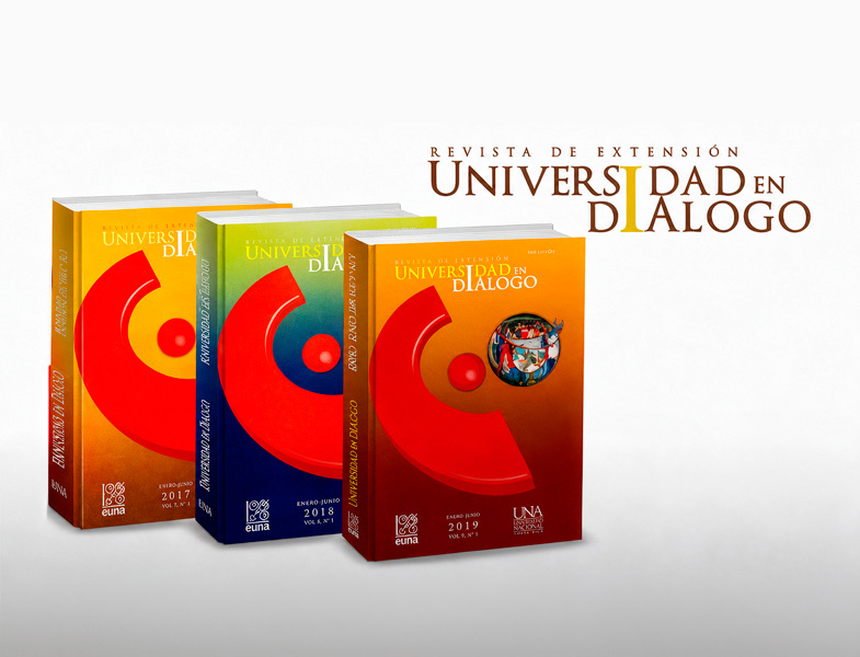 se muestran tres libros en posición vertical, uno a un lado del otro y un titulo indicando: Revista de Extensión. Universidad en Dialogo