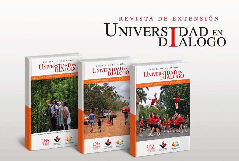 se muestran tres libros en posición vertical, uno a un lado del otro y un titulo indicando: Revista de Extensión. Universidad en Dialogo